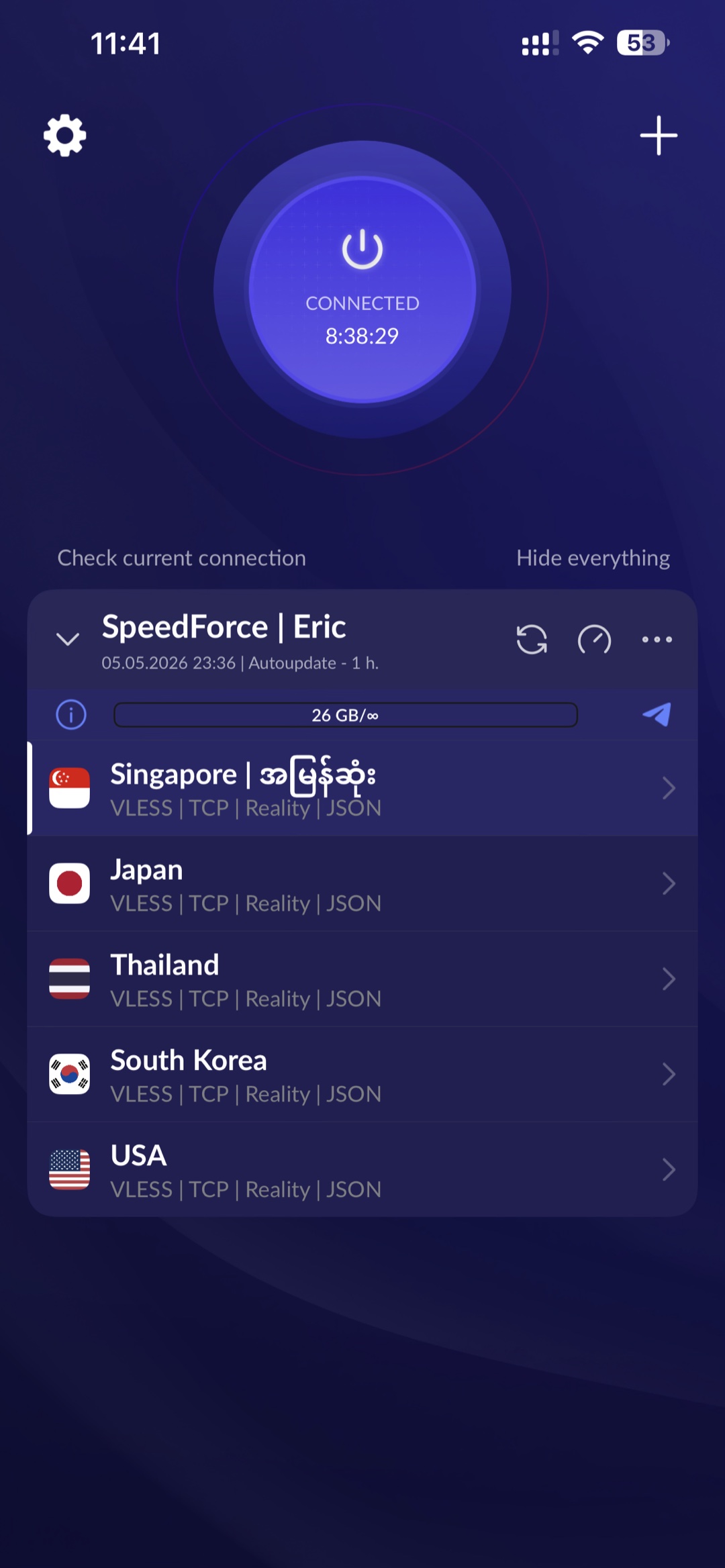 SpeedForce in Happ app — connected via VLESS + REALITY